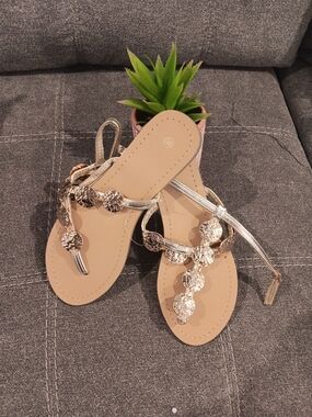 & Other Stories Metallic Silver Coin-Embellished T-Strap Sandals